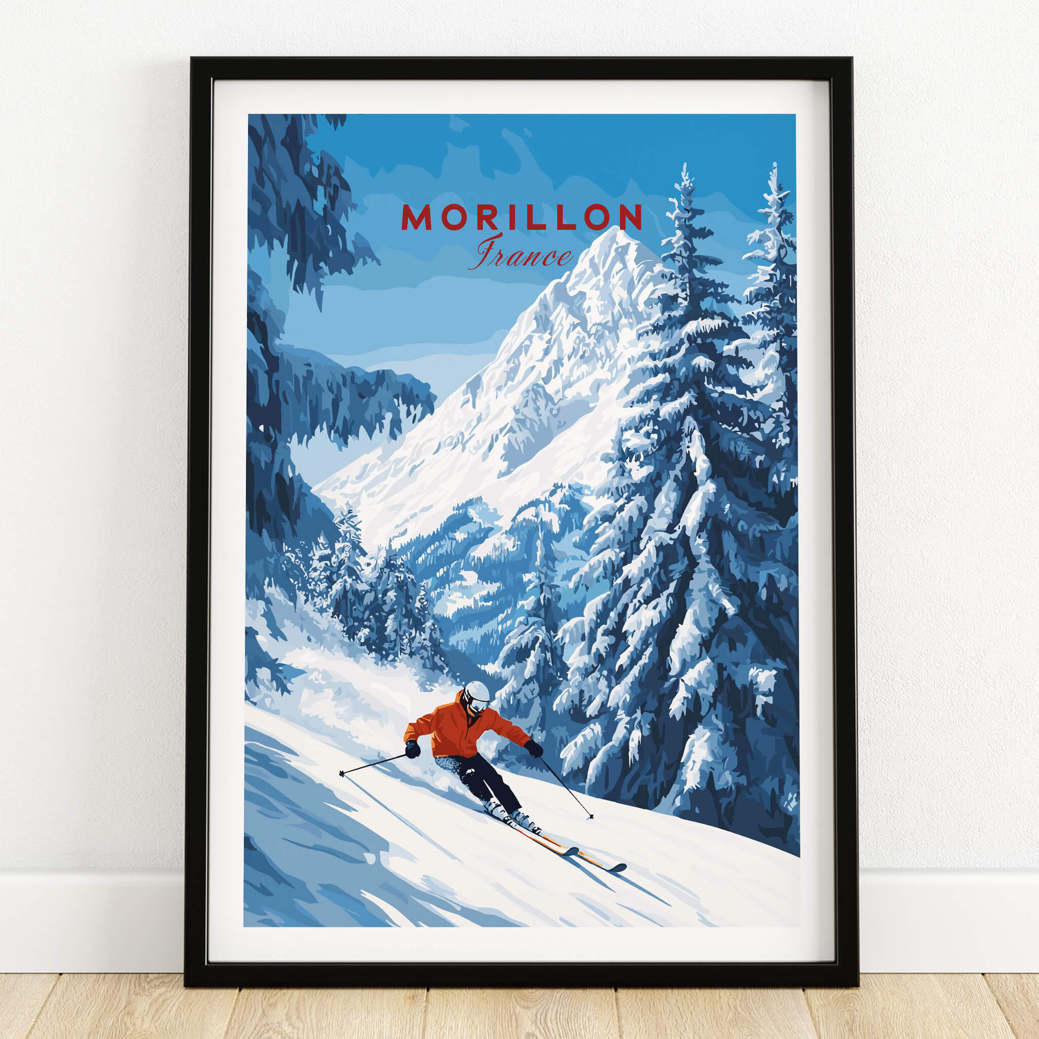 Morillon Ski Wall Art featuring a skier in the French Alps with vibrant colors and stunning details.