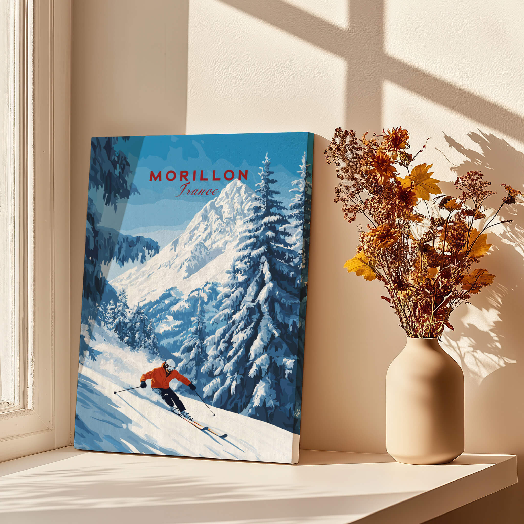 Morillon Ski Wall Art displayed in a sunny room with flowers, showcasing vibrant skiing scene in the French Alps.