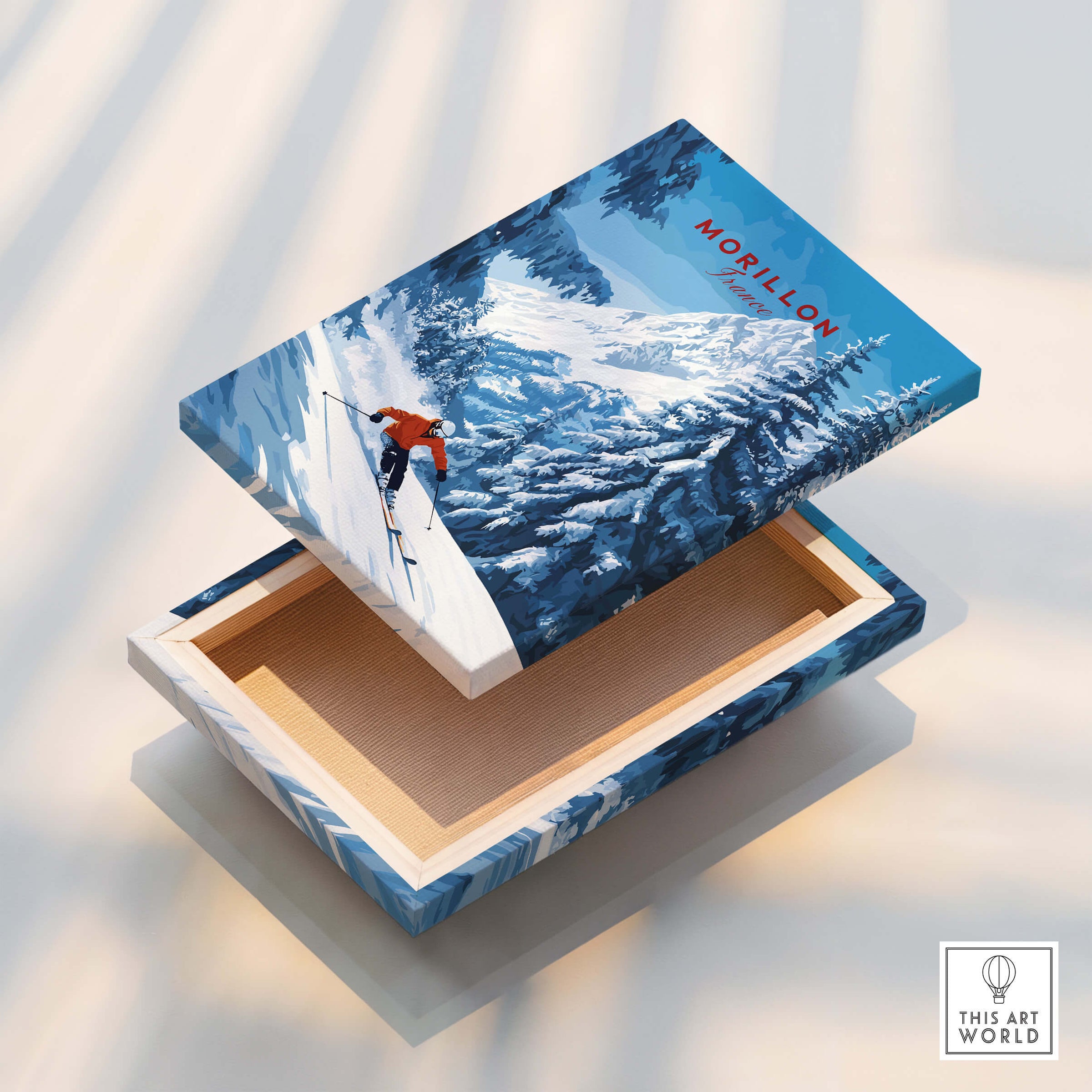 Morillon Ski Wall Art featuring a vibrant snowy mountain scene with a skier, adding excitement to home decor.