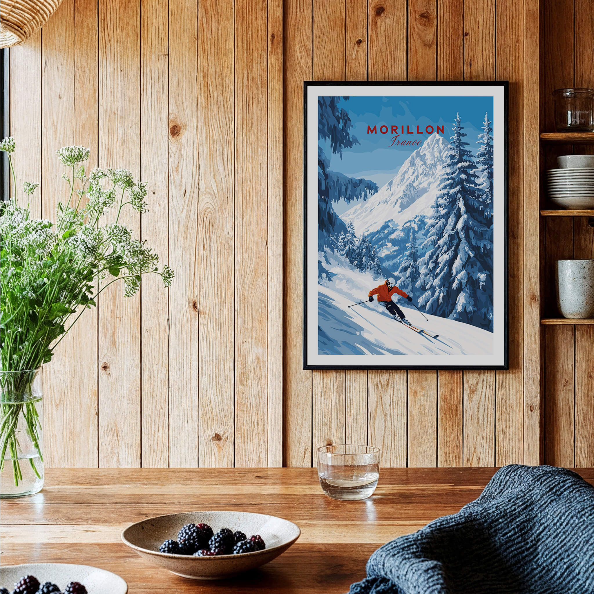 Morillon Ski Wall Art showcasing a skier in the French Alps against a wooden wall backdrop.