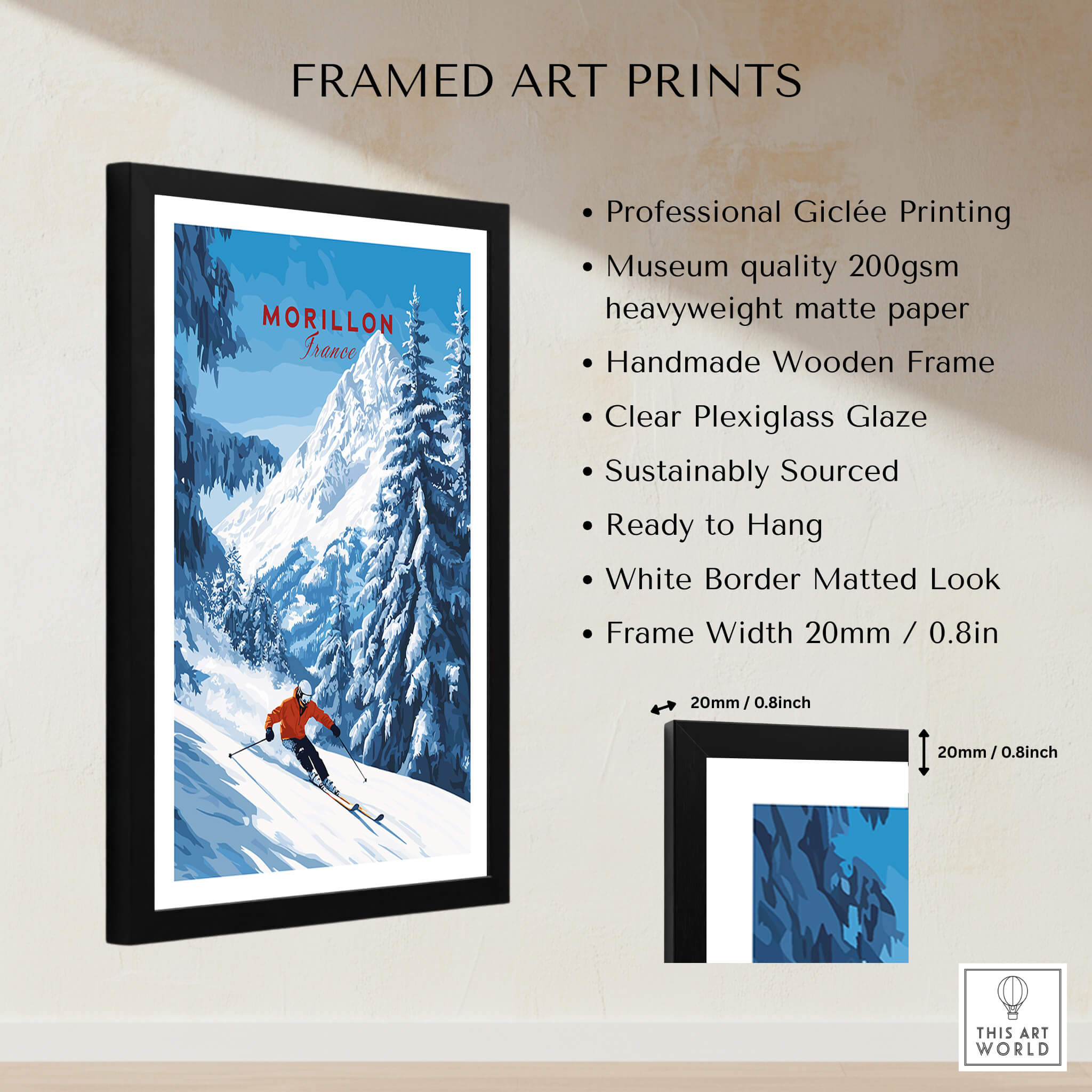 Framed Morillon Ski Wall Art showcasing a skier descending snowy slopes in the French Alps.