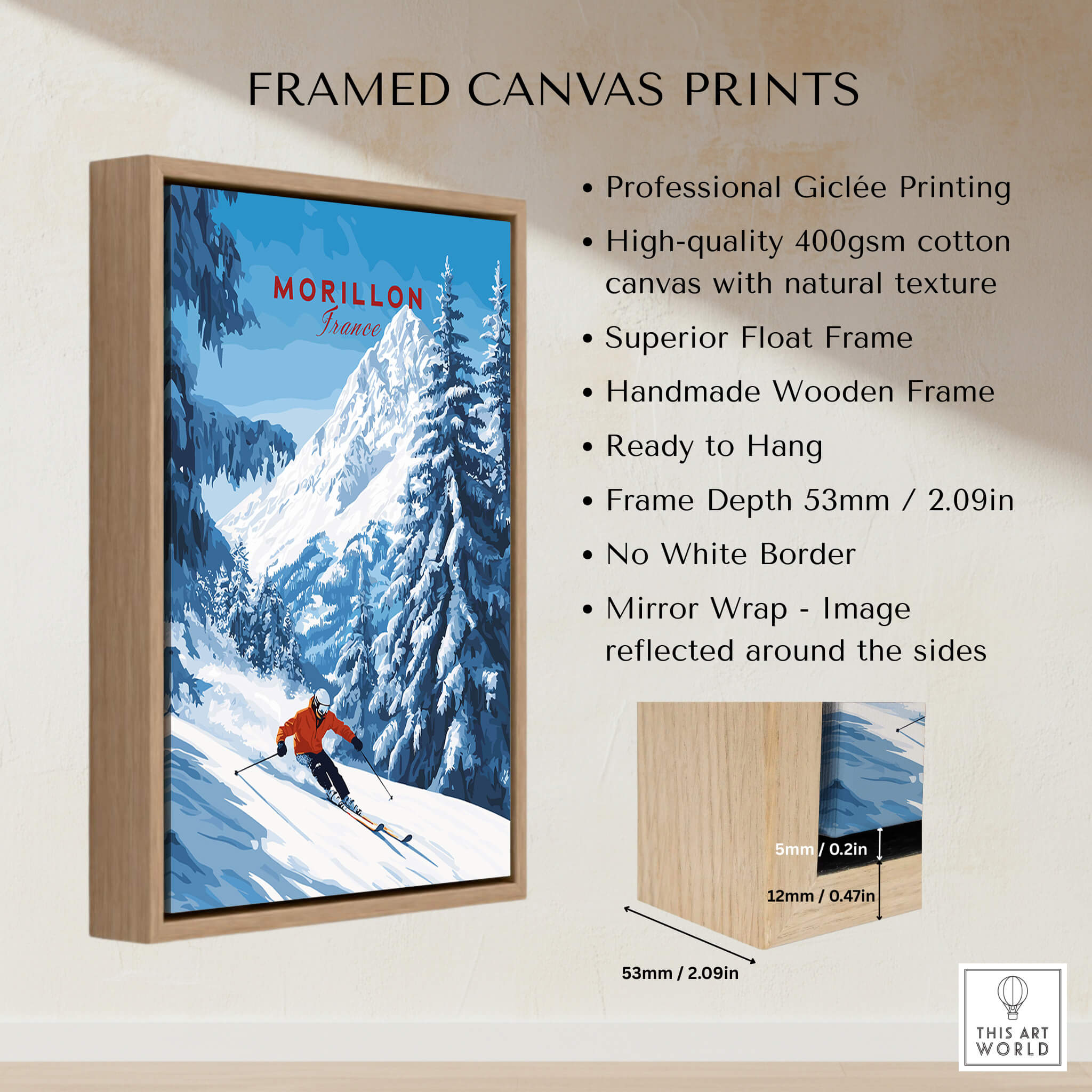 Morillon Ski Wall Art framed canvas print showcasing vibrant skiing scene in the French Alps.