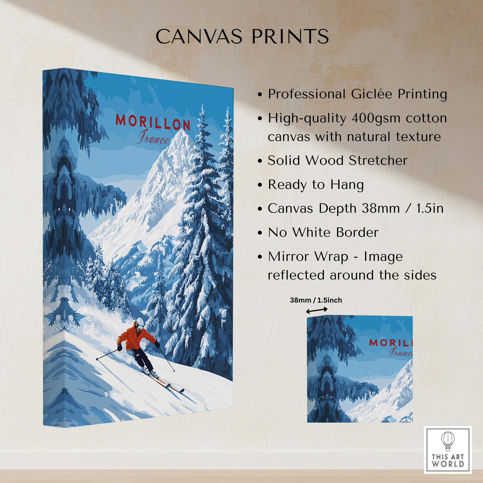 Morillon Ski Wall Art featuring vibrant colors and details, perfect for ski enthusiasts and home decor.
