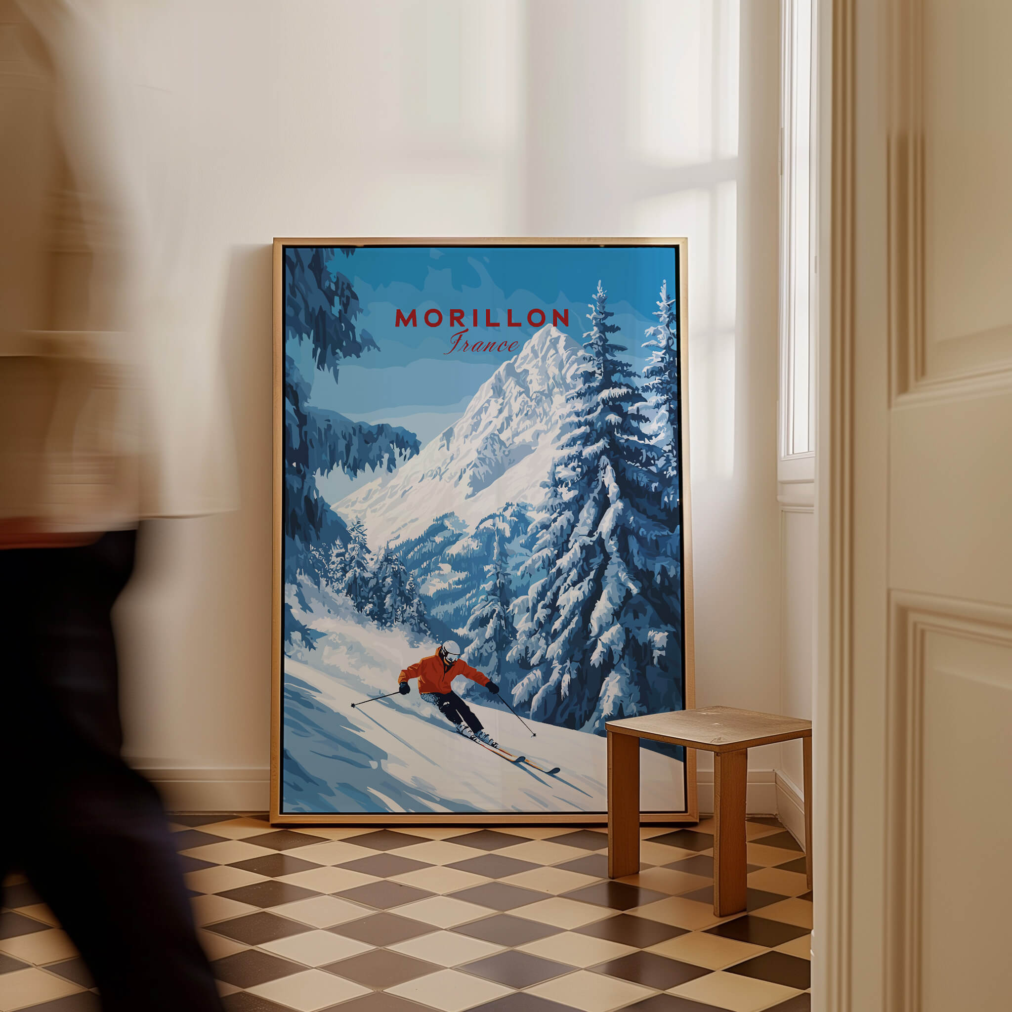 Morillon Ski Wall Art featuring a skier in the French Alps with vibrant colors and stunning details.