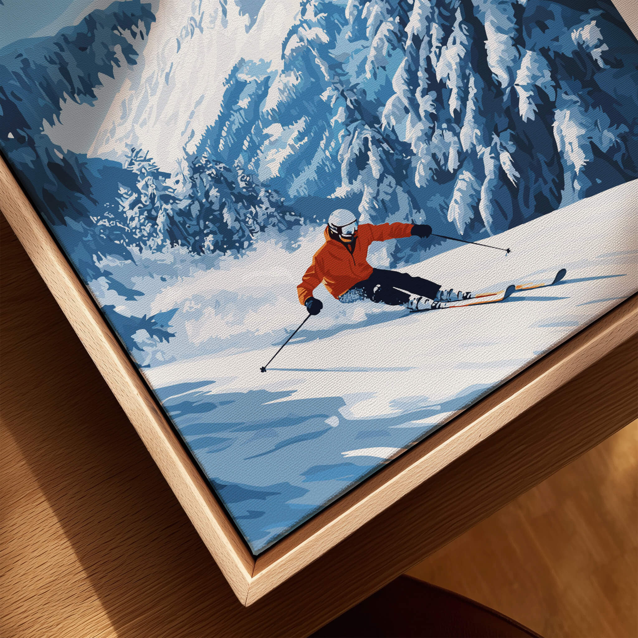 Morillon Ski Wall Art featuring a skier in action amidst snowy mountains and vibrant blue tones.