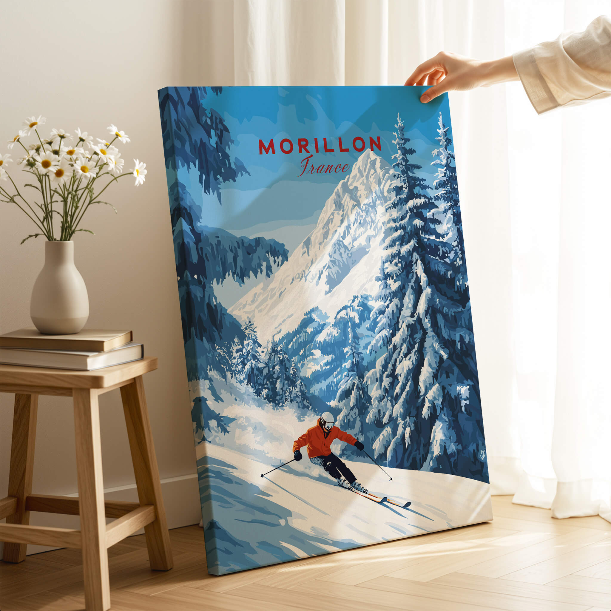 Morillon Ski Wall Art showcasing a skier in the French Alps, perfect for home decor.