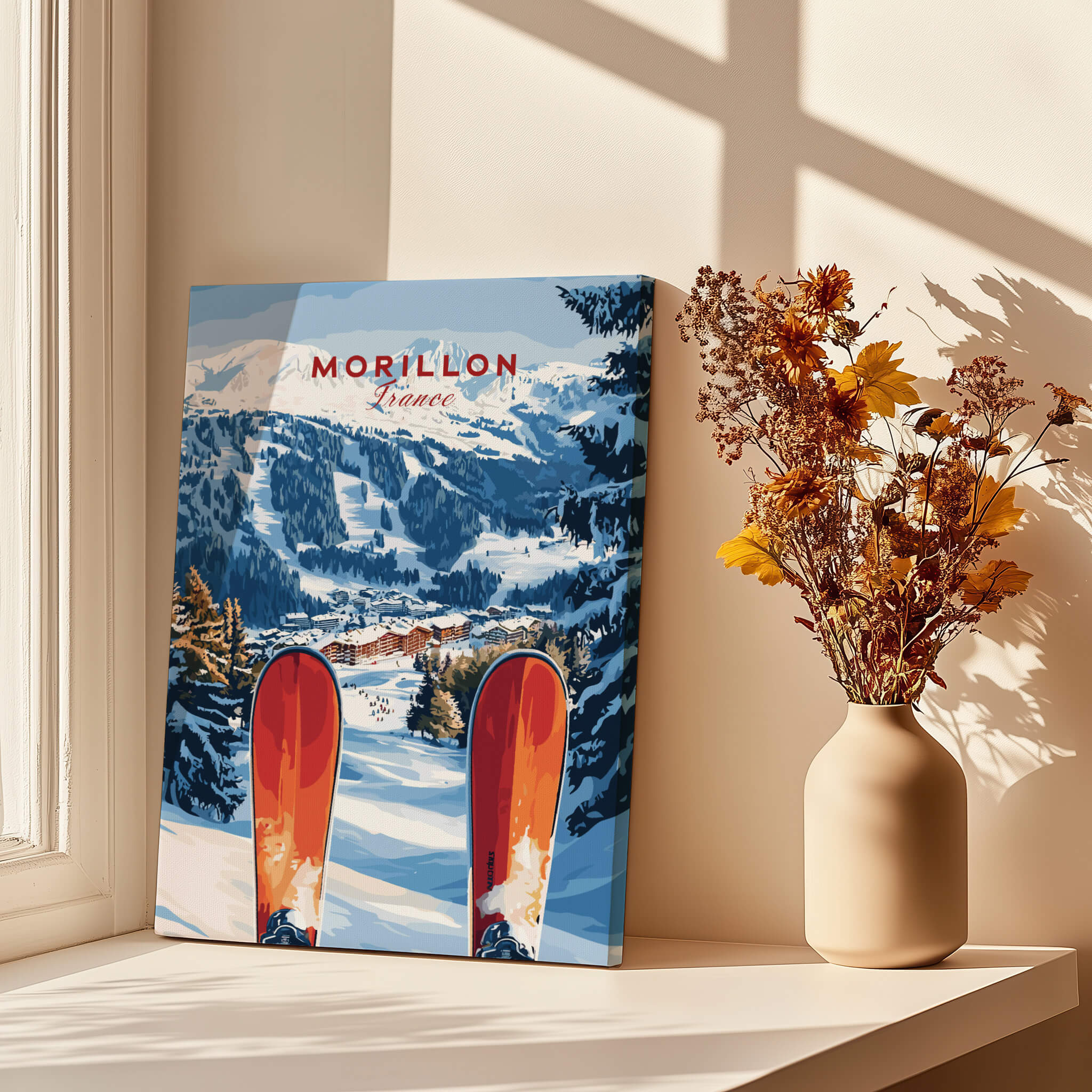 Ski Print Morillon France depicting a stunning snow-covered landscape and ski view in the French Alps.