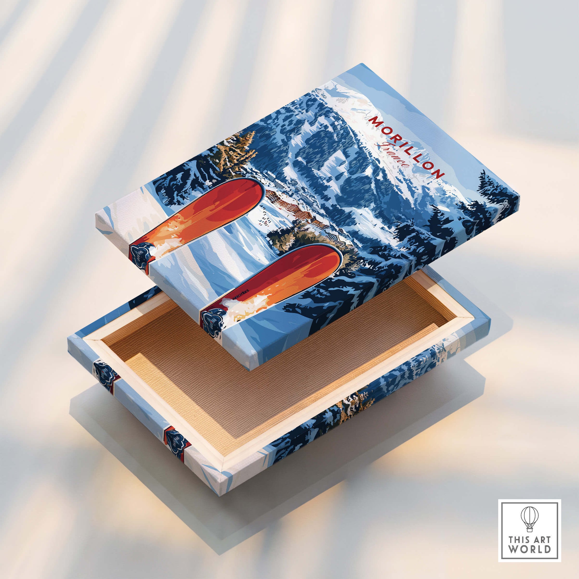 Ski Print Morillon France design on a beautifully crafted storage box, showcasing the French Alps.