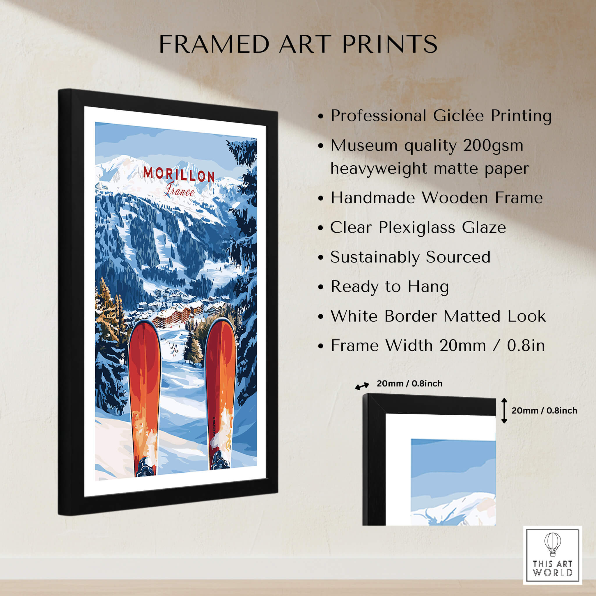 Ski Print Morillon France framed art print featuring a stunning snow-covered landscape and ski gear.