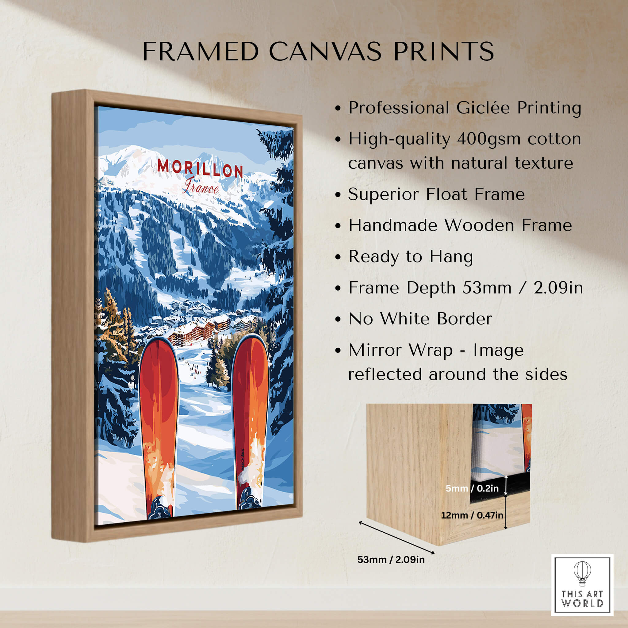 Ski Print Morillon France framed canvas print showcasing breathtaking French Alps landscape.
