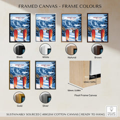 Framed canvas display of Ski Print Morillon France in various frame colors including black, white, natural, brown, gold, and silver.