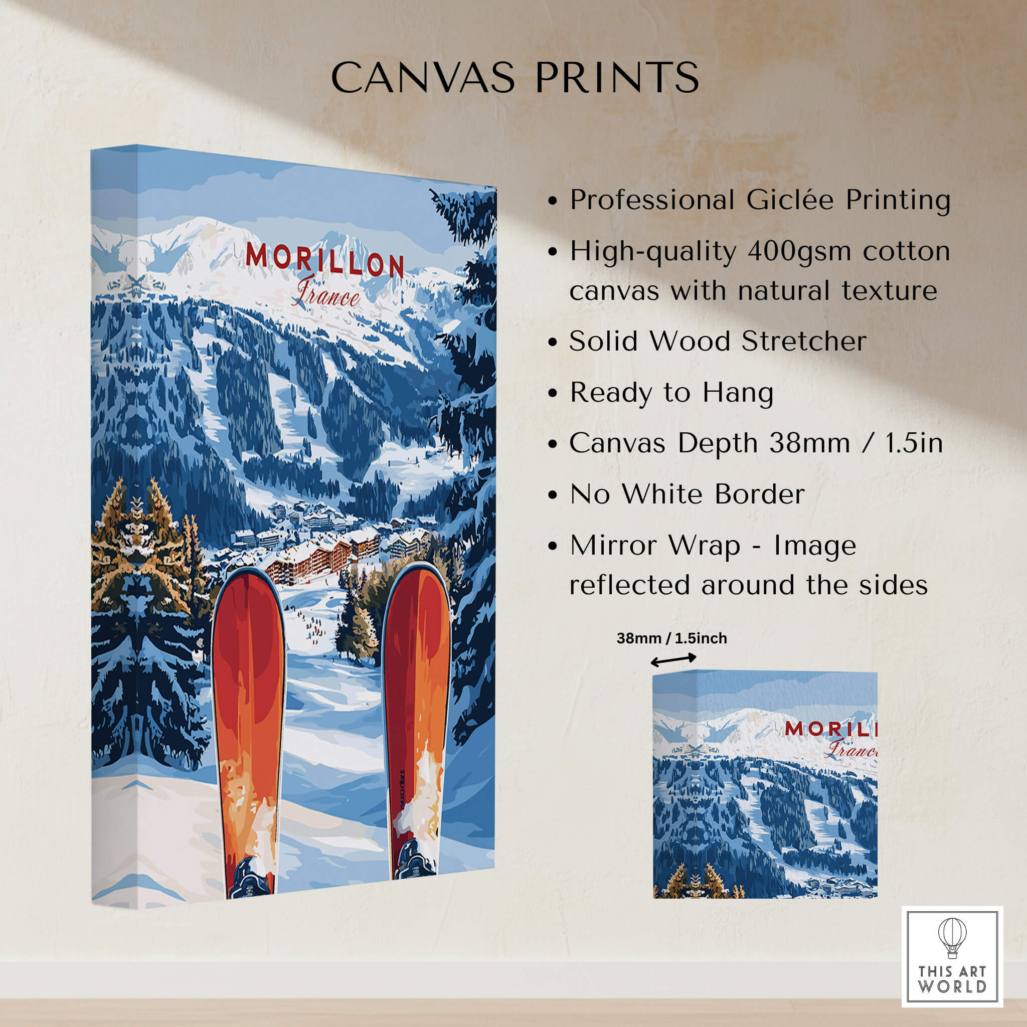 Ski Print Morillon France canvas print showcasing the Alps, perfect for ski enthusiasts and nature lovers.