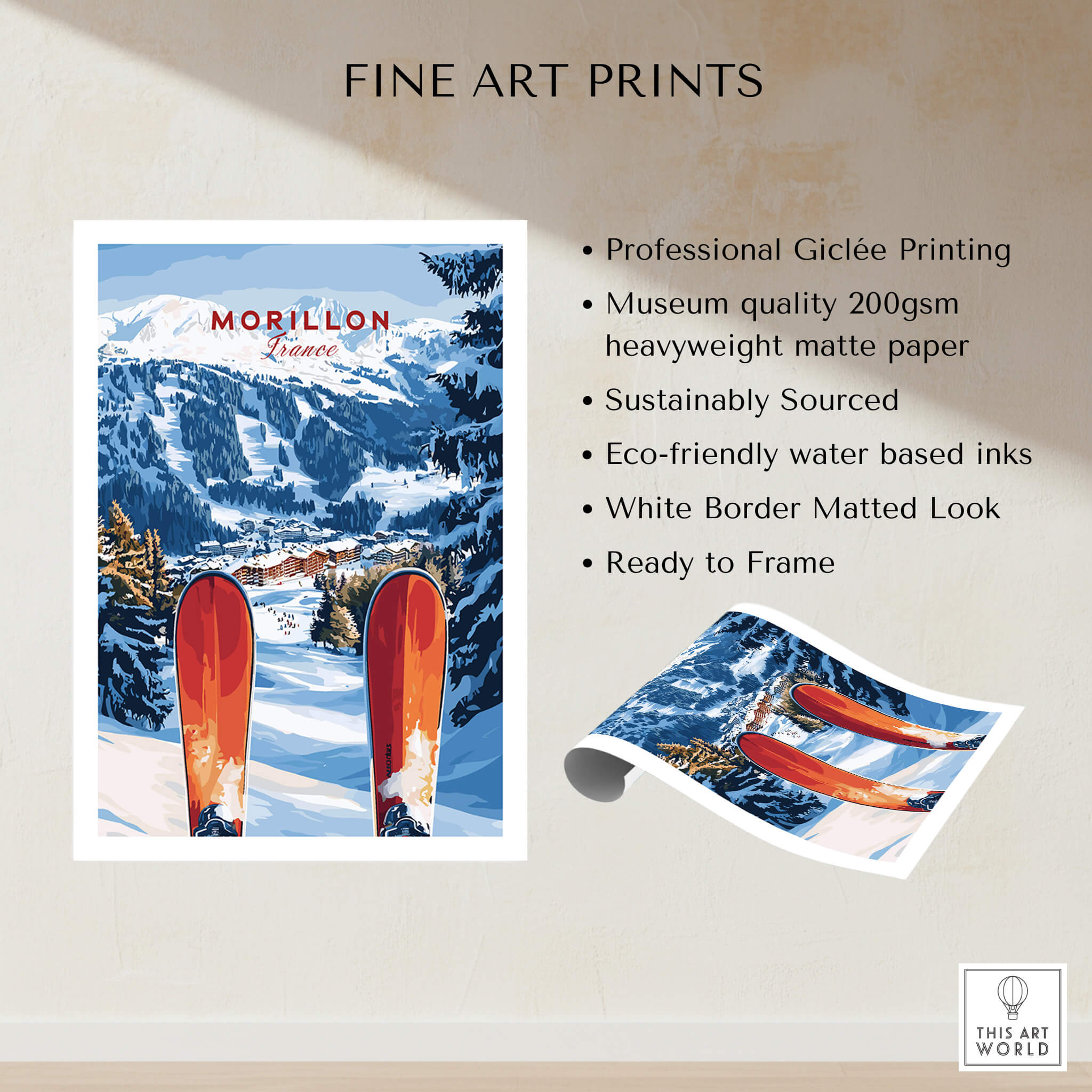 Ski Print Morillon France showcasing beautiful French Alps scenery and vibrant ski equipment.