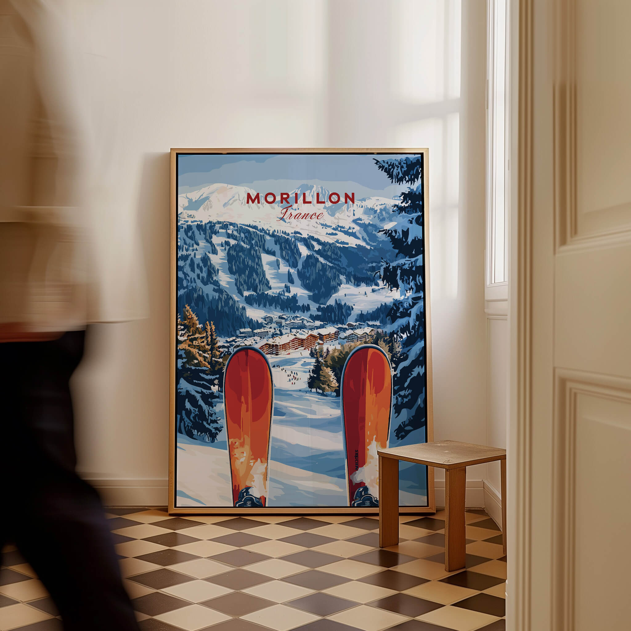 Ski Print Morillon France depicting stunning French Alps scenery with skis in foreground.