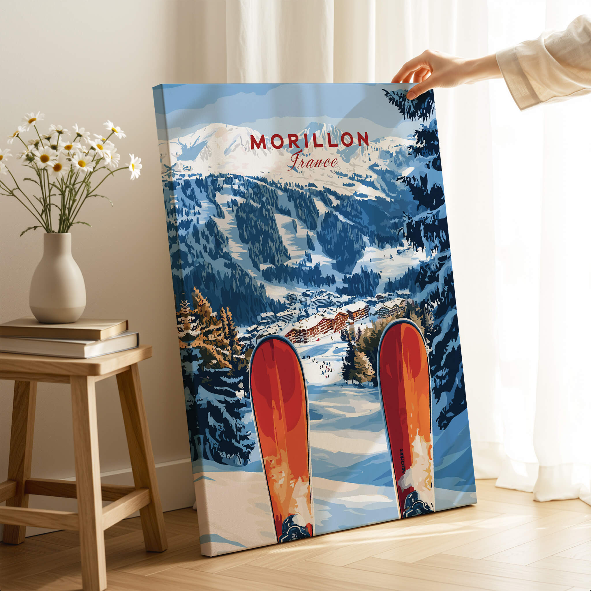 Ski Print Morillon France showcasing a stunning Alpine landscape and vibrant ski gear.