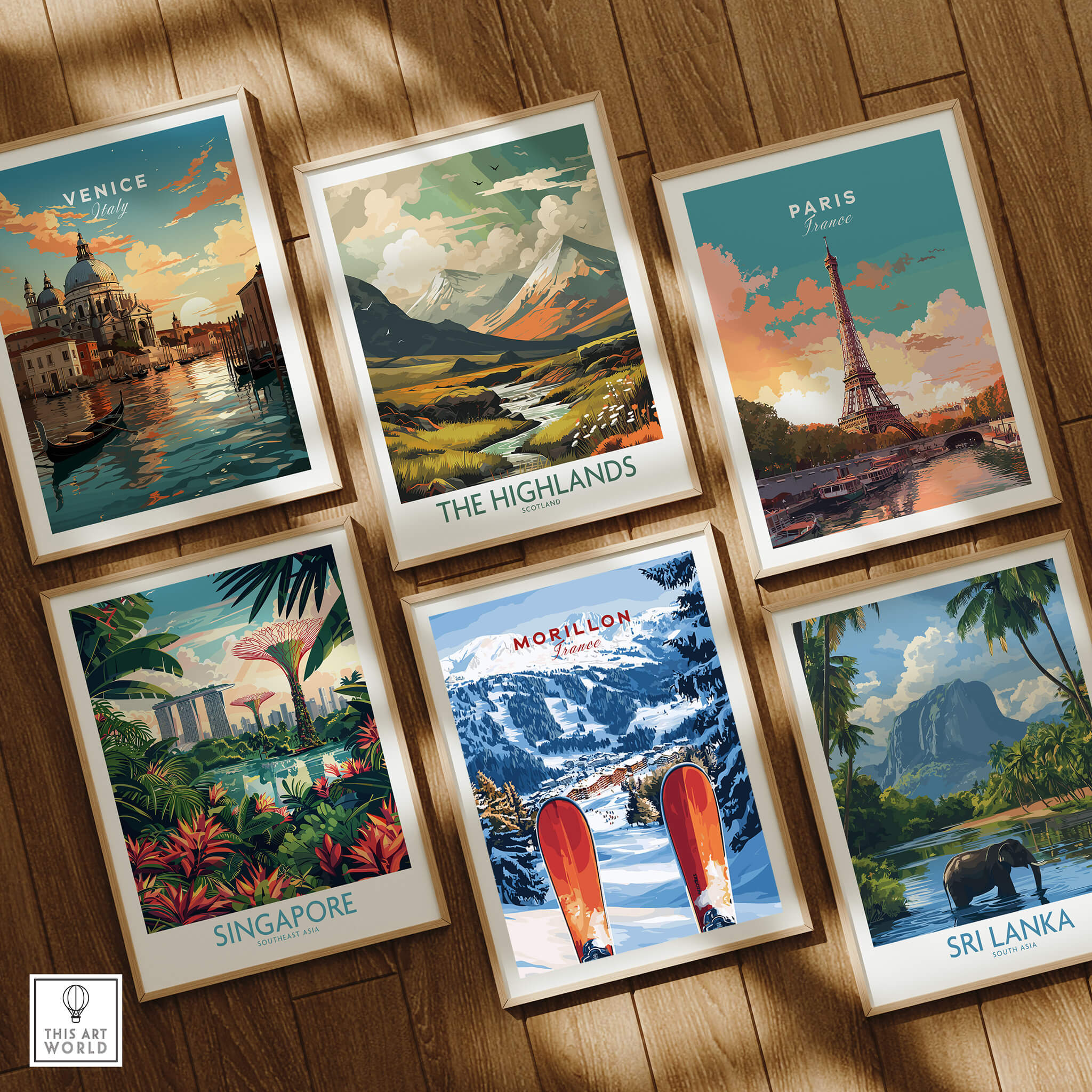 Ski Print Morillon France displayed among travel posters including Venice, Paris, Singapore, and Sri Lanka.