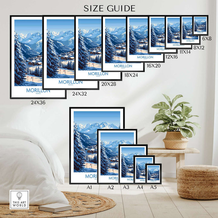 Size guide showcasing Morillon ski poster in various frame sizes, perfect for ski enthusiasts and home decor.