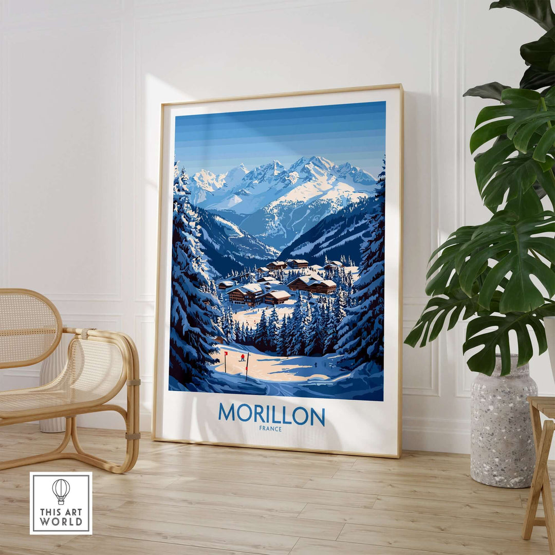 Morillon Ski Poster showcasing stunning mountains and slopes, perfect for ski enthusiasts' home decor.