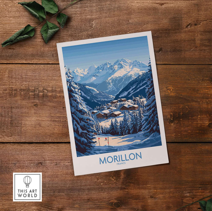 Morillon Ski Poster featuring a scenic view of snowy mountains and ski slopes in vibrant colors