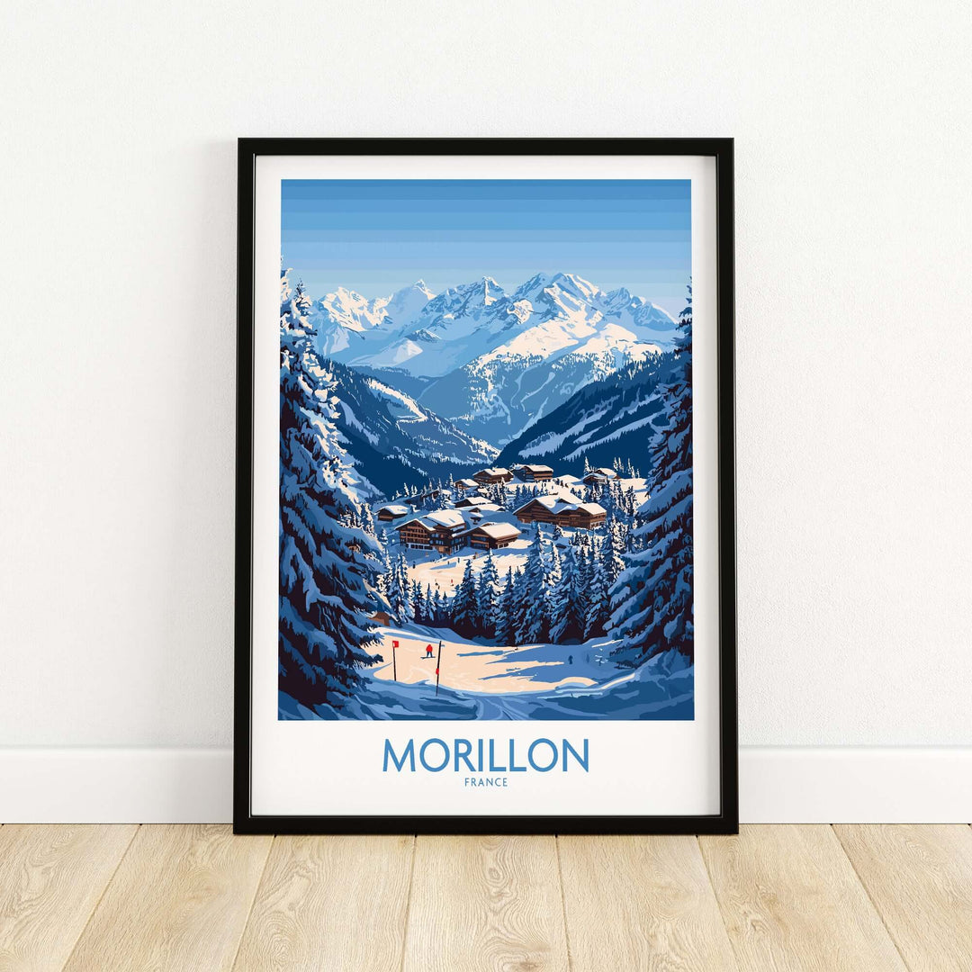 Morillon Ski Poster showcasing a snowy mountain landscape with vibrant colors, perfect for ski enthusiasts.