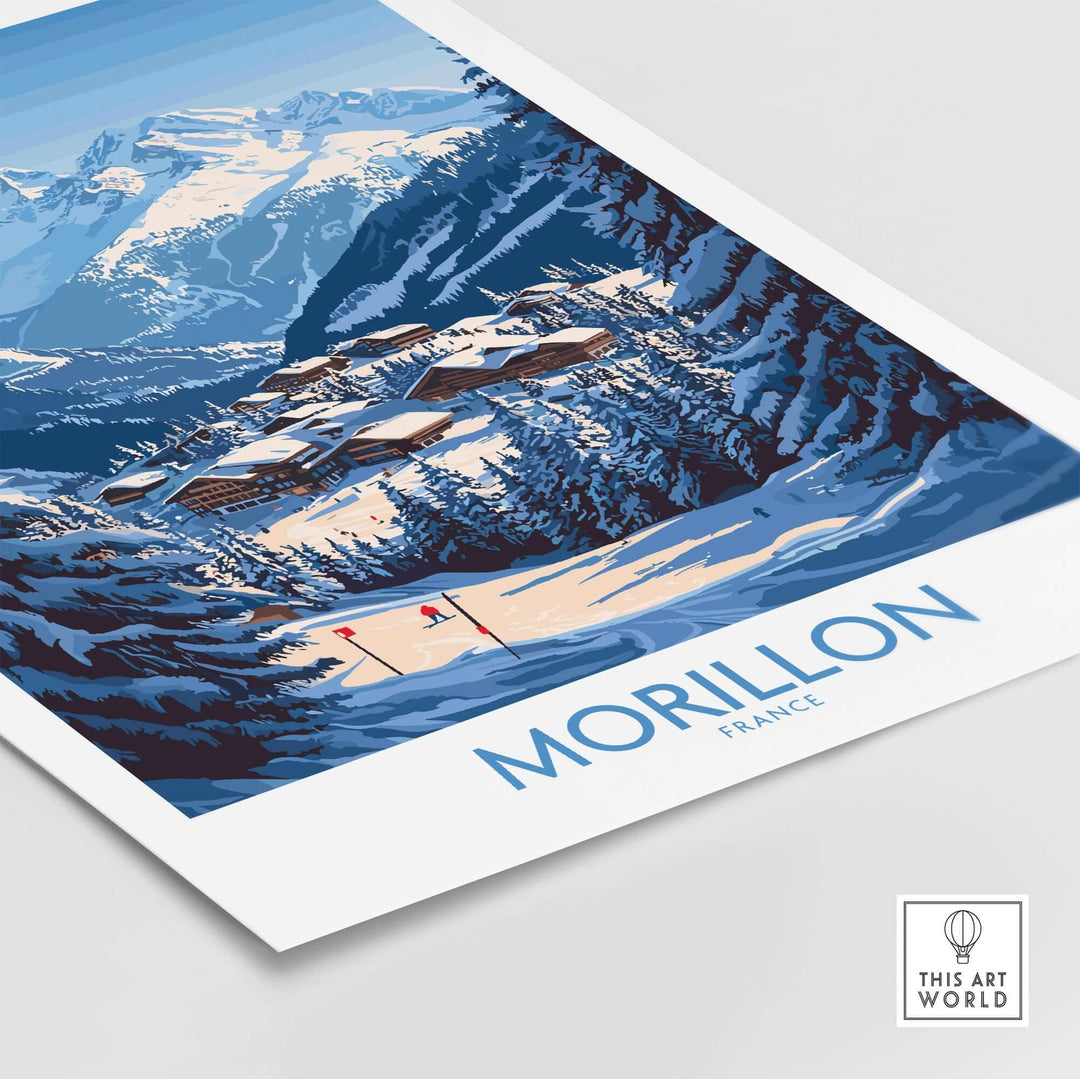 Vibrant Morillon ski poster showcasing snowy mountains and slopes, ideal for ski enthusiasts and home decor.