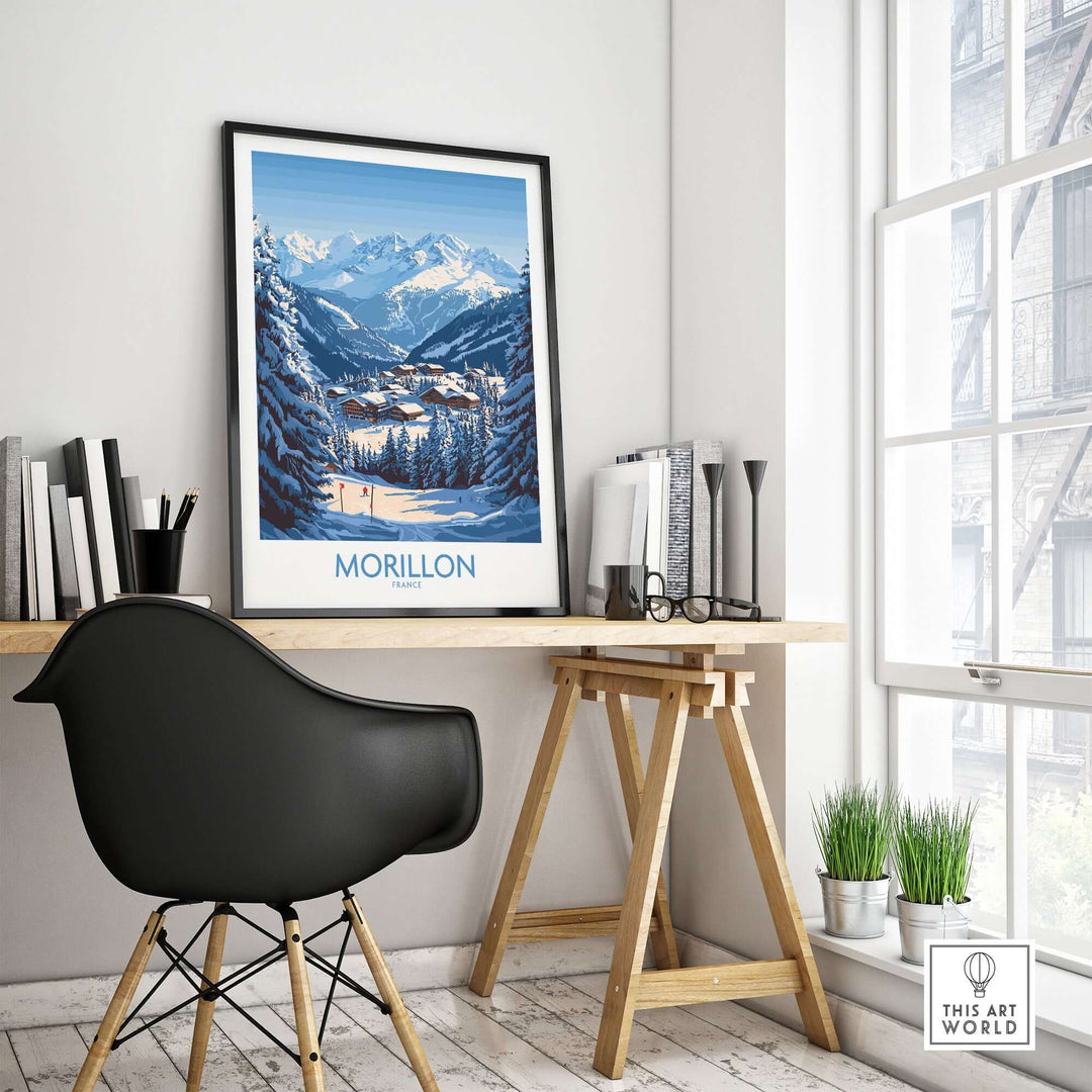 Morillon Ski Poster displayed on a stylish desk in a bright room, perfect for ski enthusiasts and home decor.