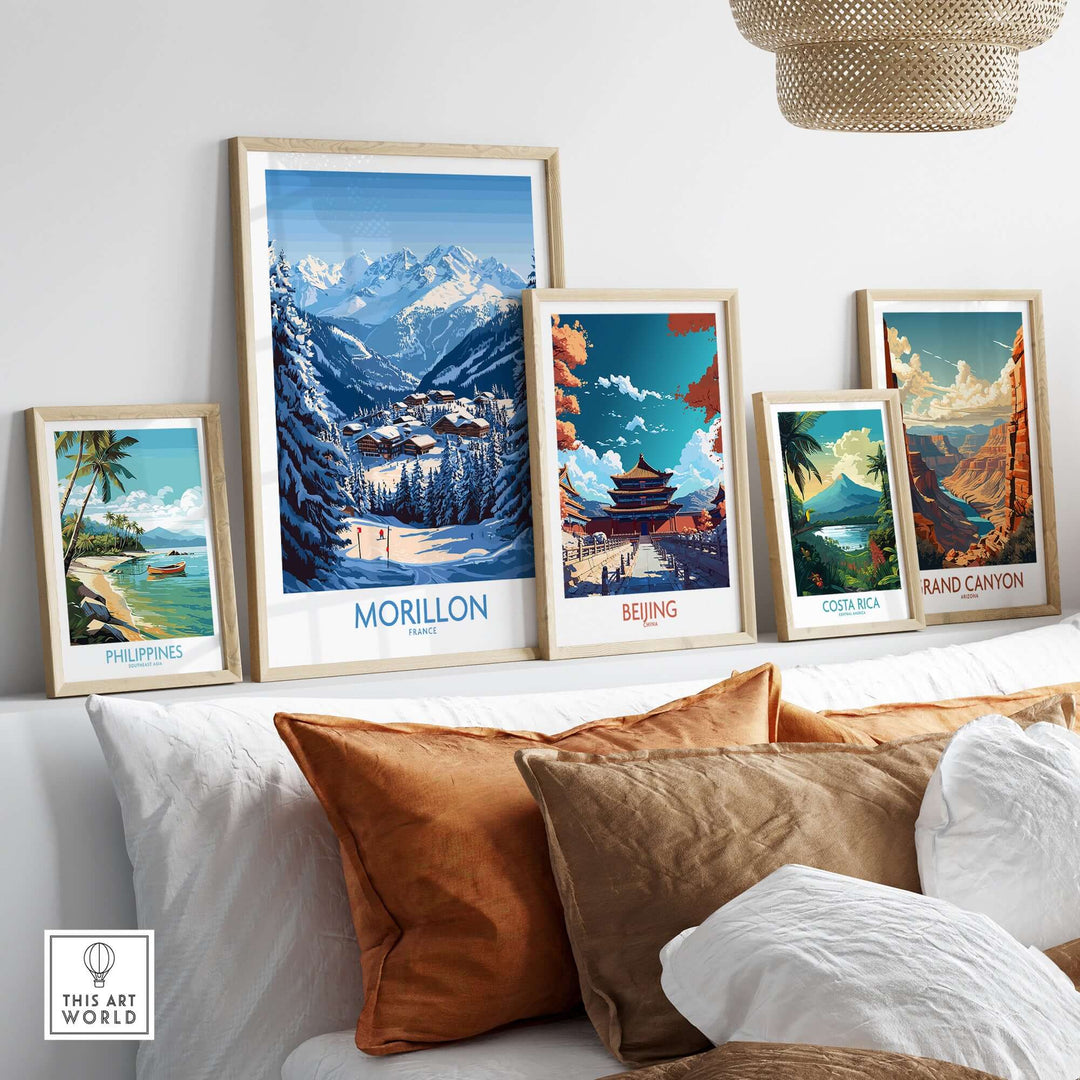 Colorful Morillon Ski Poster among framed travel art pieces, enhancing home decor with adventure vibes.