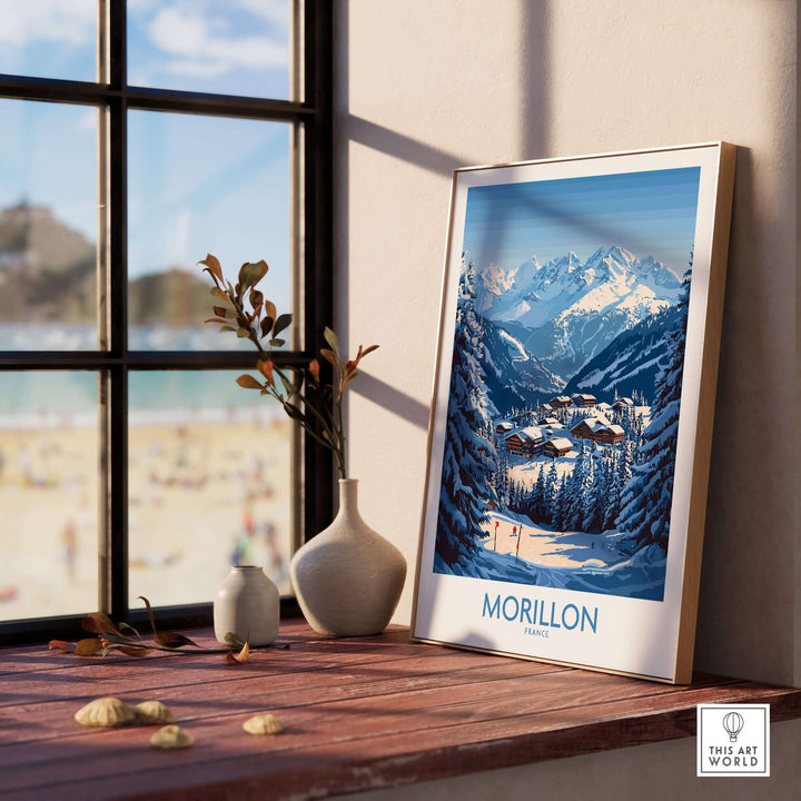 Morillon ski poster framed on a table with a beautiful mountain view, perfect for winter sports enthusiasts.