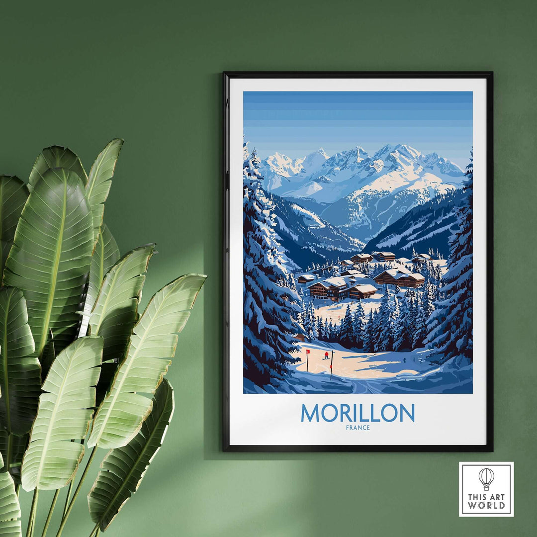 Morillon Ski Poster showcasing vibrant mountain scenery and snow-covered slopes, ideal for ski enthusiasts.