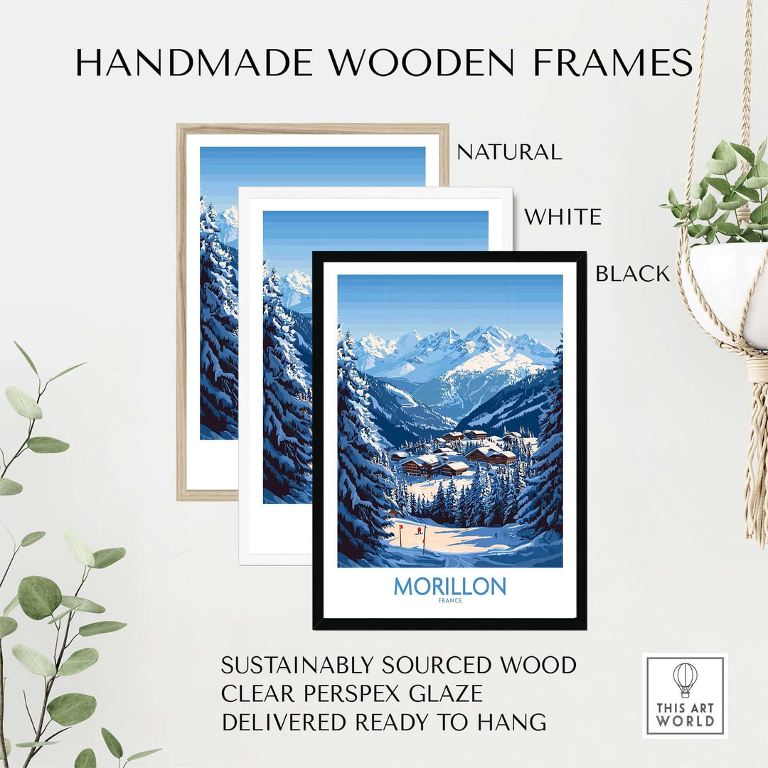 Morillon ski poster in handmade wooden frames, available in natural, white, and black options, ready to hang.