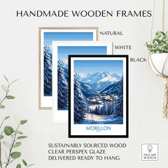 Morillon ski poster in handmade wooden frames, available in natural, white, and black options, ready to hang.