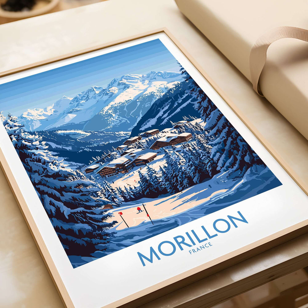 Morillon Ski Poster showcasing a scenic winter landscape with snowy mountains and ski slopes, ideal for ski enthusiasts.