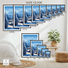 Size guide for Morillon Ski Print showcasing various frame sizes and a cozy home setting.