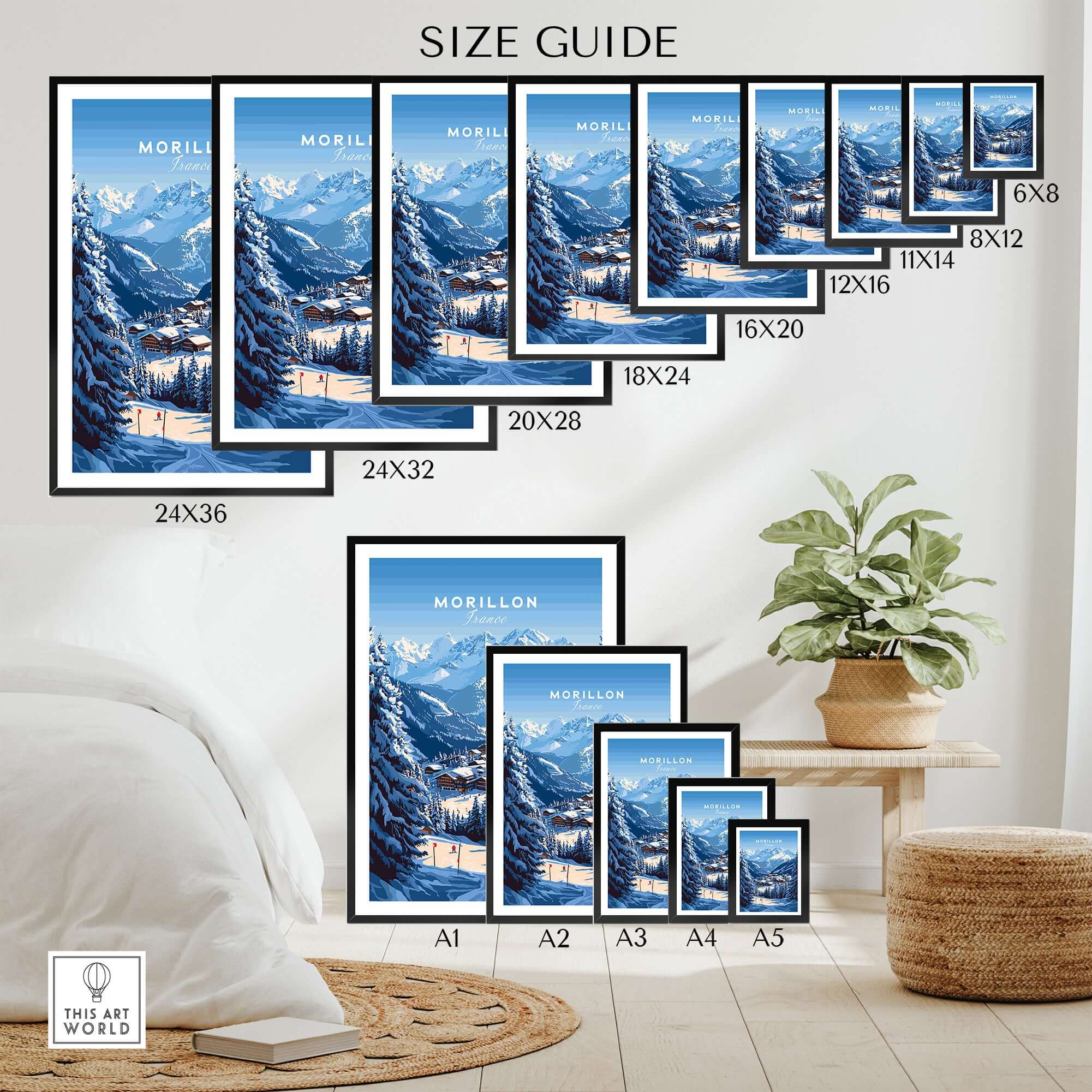 Size guide for Morillon Ski Print showcasing various frame sizes and a cozy home setting.