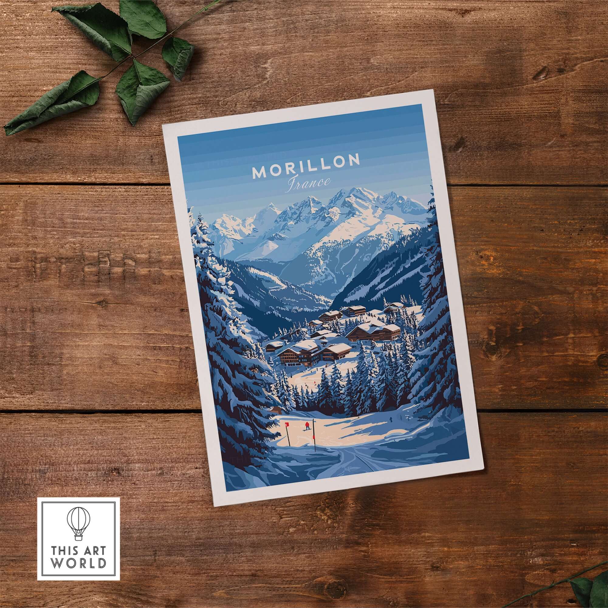 Morillon Ski Print showcasing a winter landscape in France, perfect for ski enthusiasts and winter sports lovers.