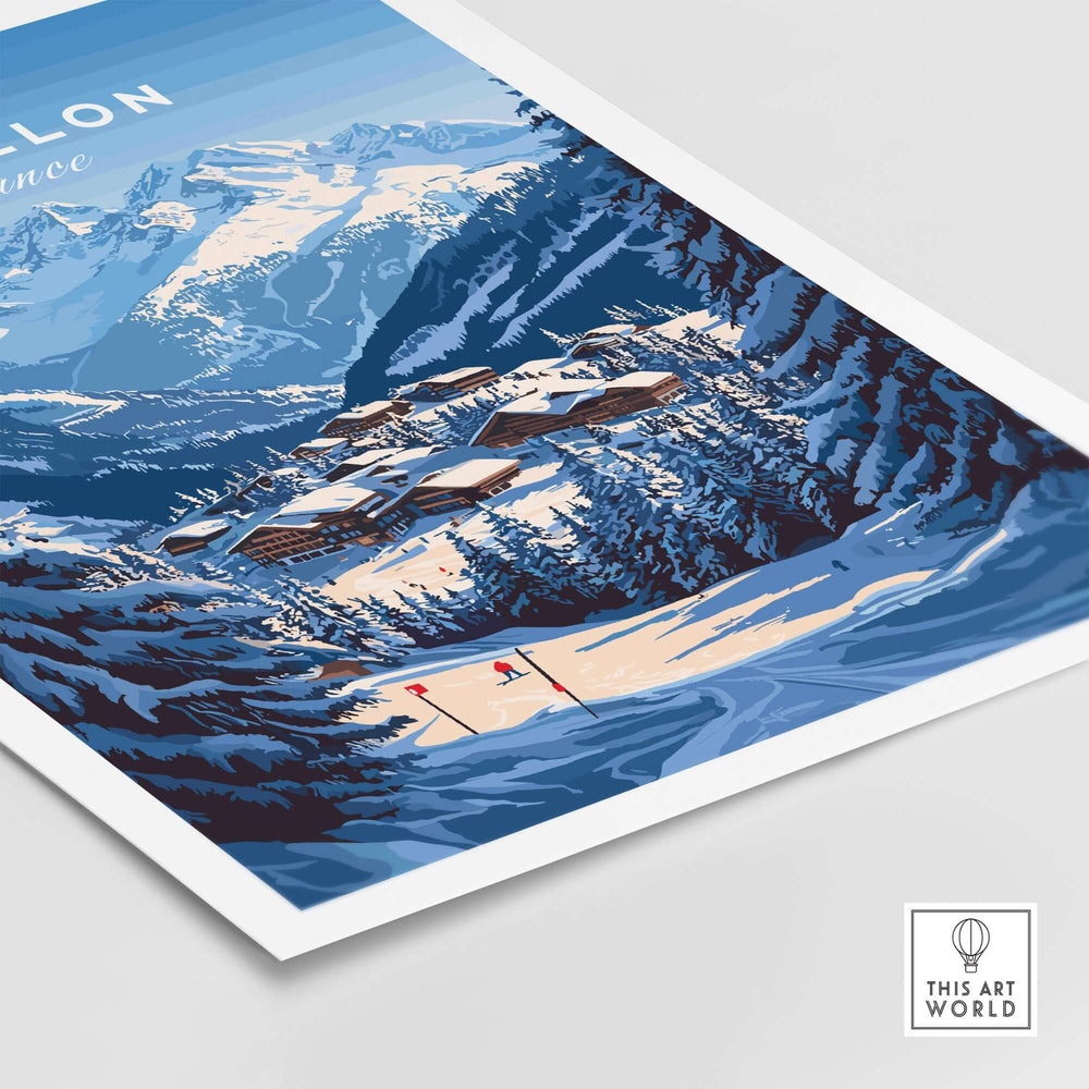 Morillon Ski Print showcasing a snowy mountain landscape with skiers, perfect for winter sports enthusiasts.