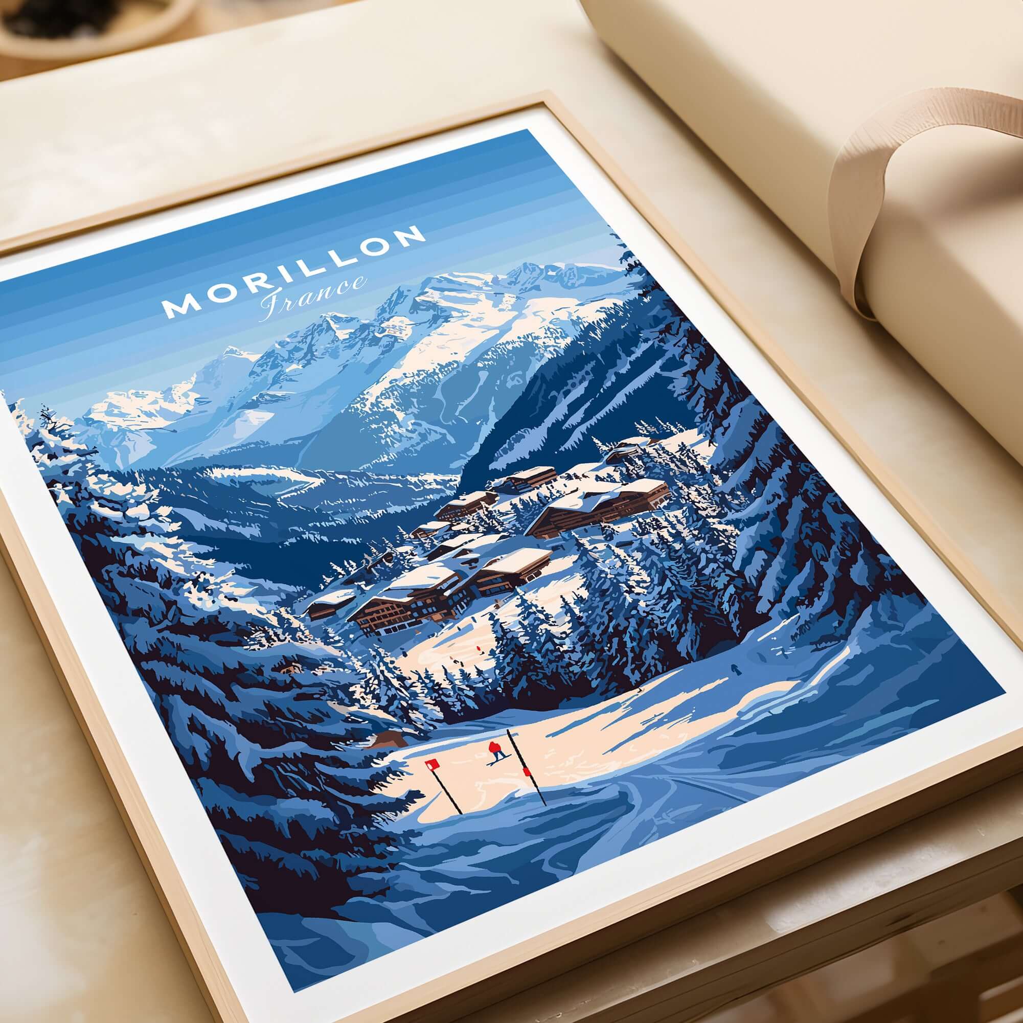 Framed Morillon Ski Print highlighting snowy mountains and ski trails, perfect for winter sports enthusiasts.