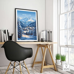 Morillon Ski Print showcasing snowy mountains and slopes, perfect decor for ski enthusiasts and winter sports lovers.