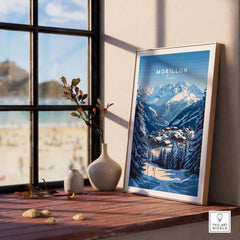 Framed Morillon Ski Print showcasing snowy mountains and chalets, perfect for ski enthusiasts and winter decor.