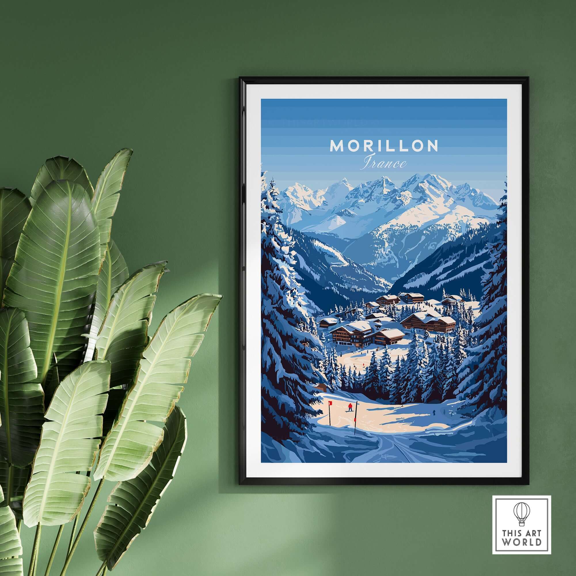 Morillon Ski Print showcasing snowy mountains and ski trails, perfect for winter sports enthusiasts.