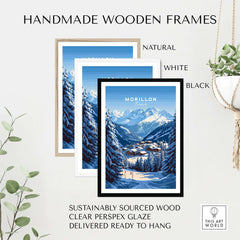 Handmade wooden frames in natural, white, and black colors for Morillon Ski Print, made from sustainably sourced wood.