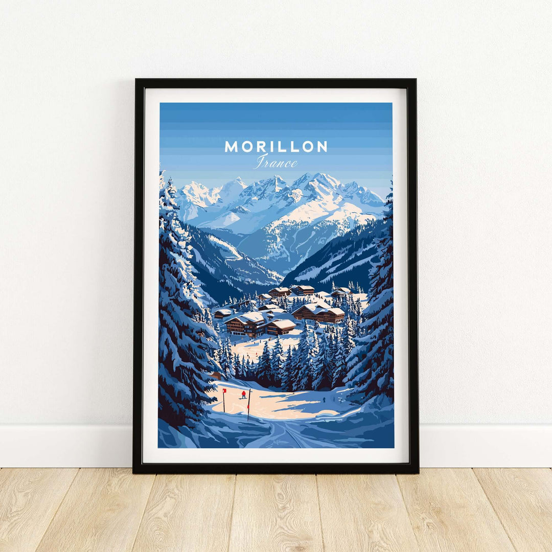 Morillon Ski Print showcasing snowy mountains and ski slopes in France, perfect for winter sports enthusiasts.