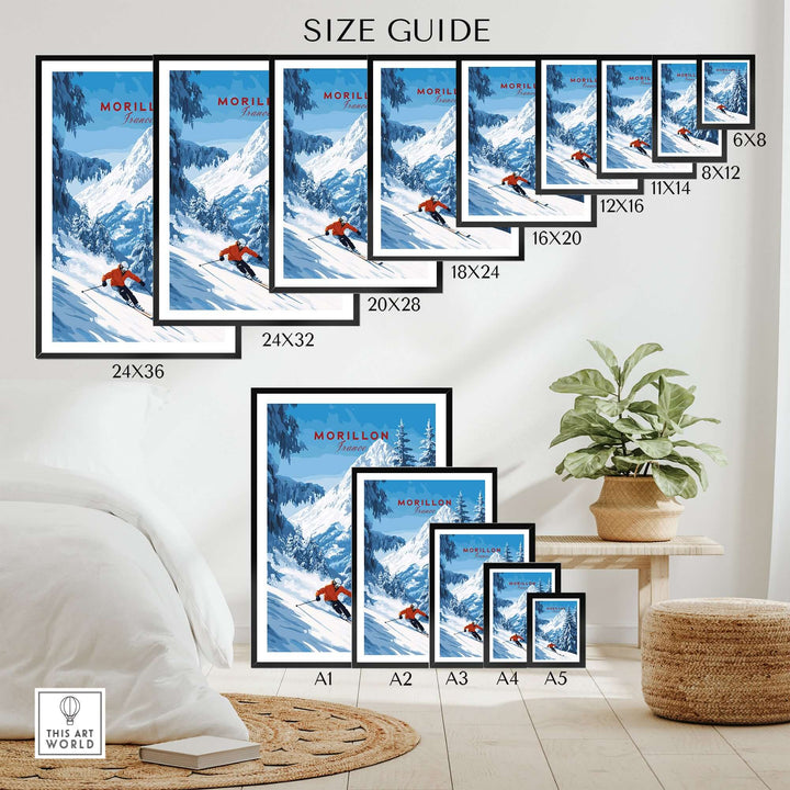 Size guide for Morillon Ski Wall Art showcasing various dimensions displayed in a cozy living space.