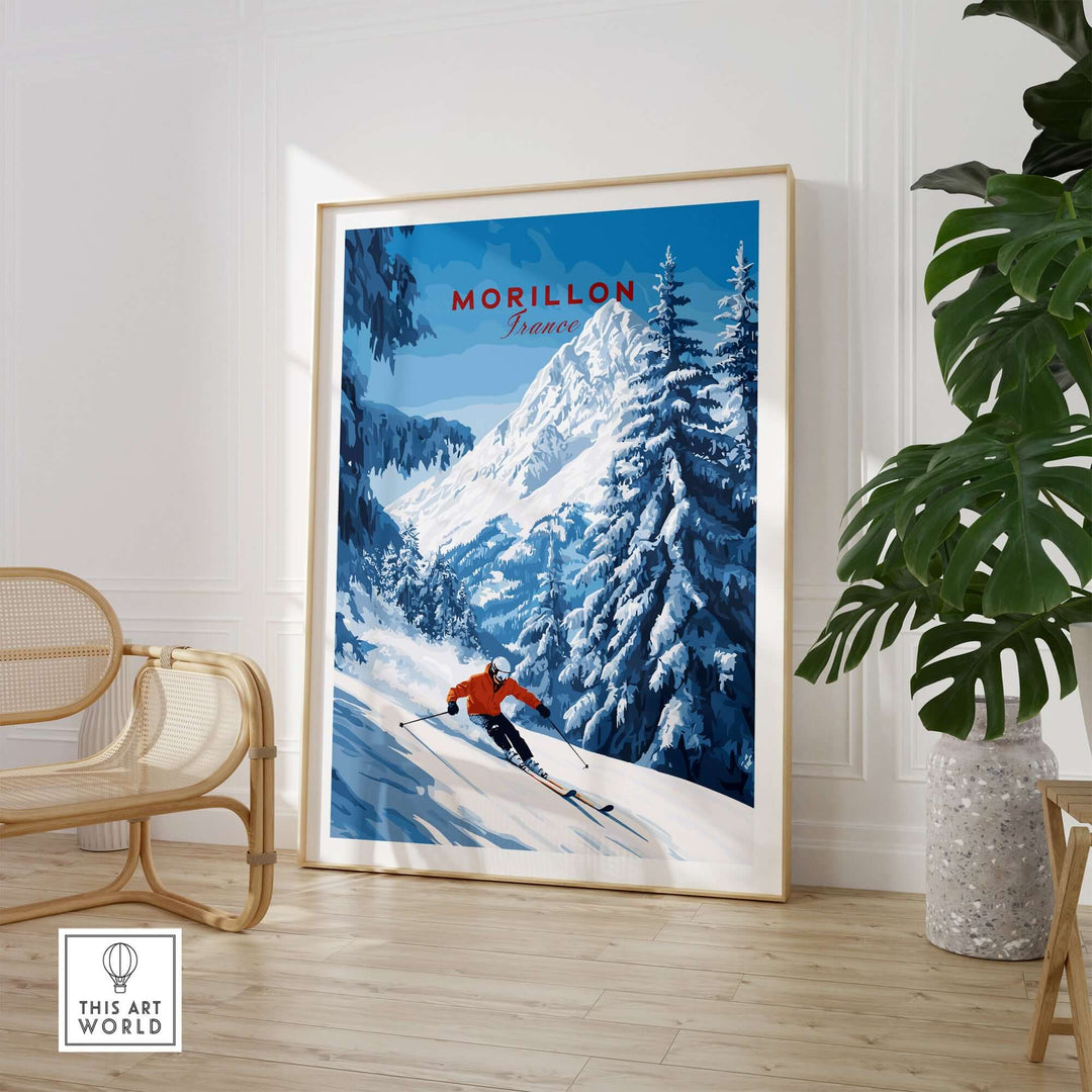 Morillon Ski Wall Art featuring a skier in the French Alps, showcasing vibrant colors and winter landscape details.