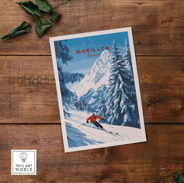 Morillon Ski Wall Art depicting a skier in the French Alps, enhancing home decor with vibrant colors and winter scenery.