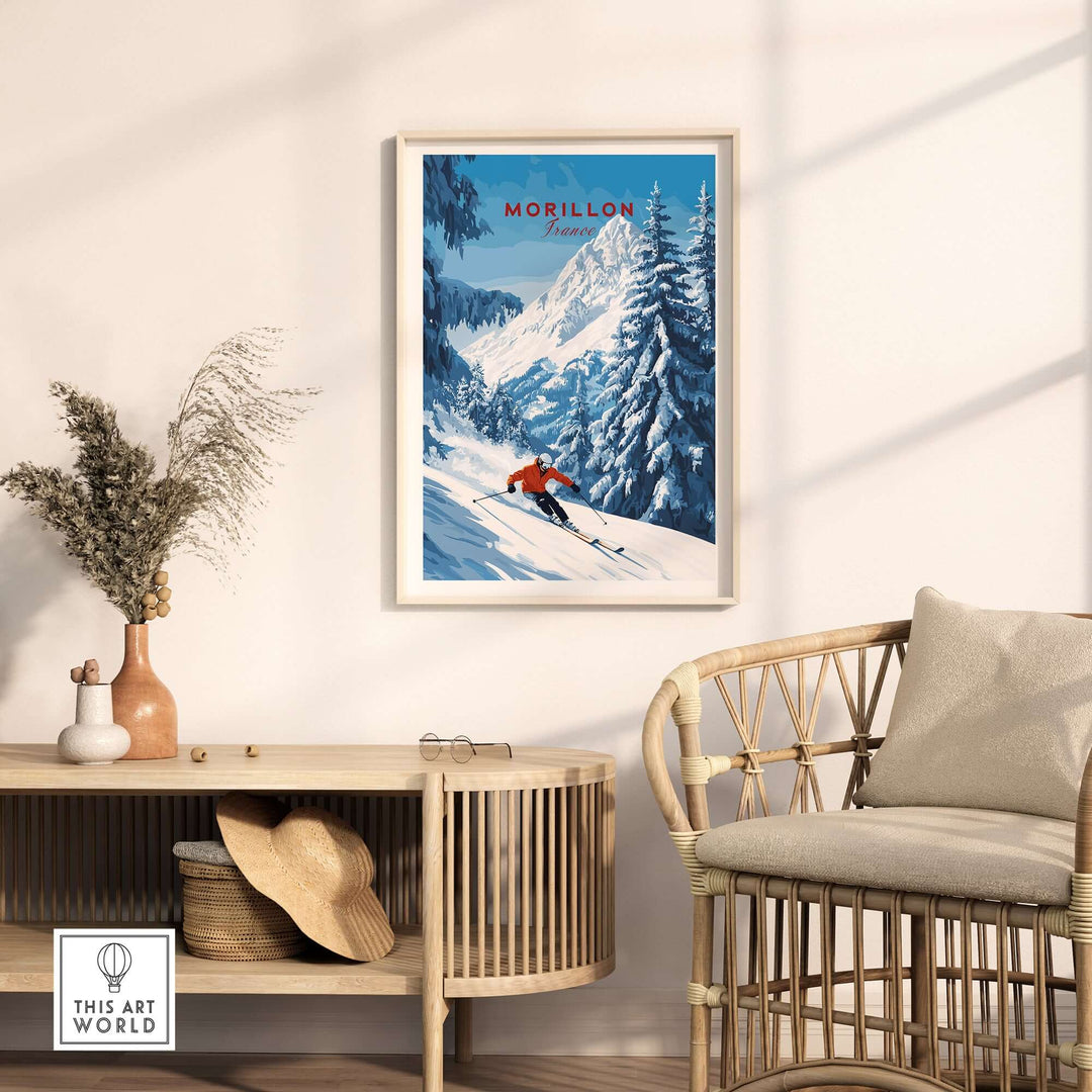 Morillon Ski Wall Art showcasing a skier in the French Alps, perfect for home decor enthusiasts.