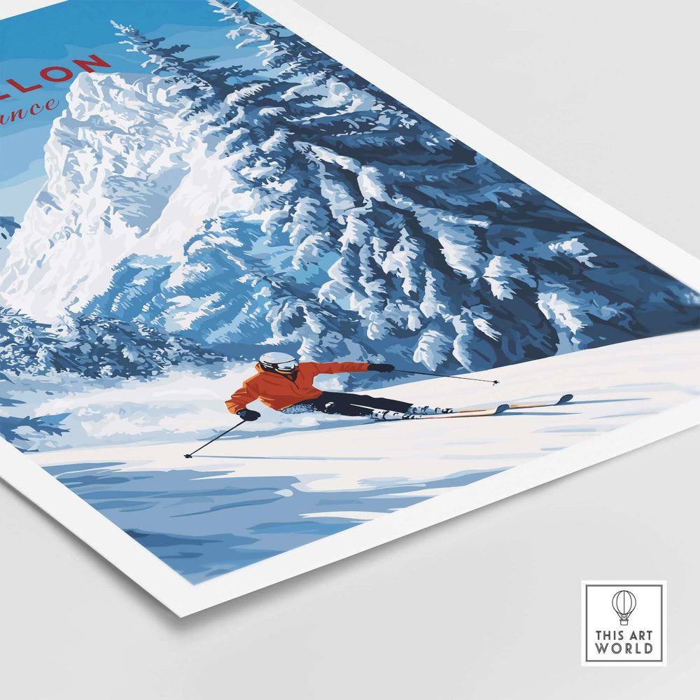 Morillon Ski Wall Art featuring a skier carving through snow with stunning winter scenery in the French Alps.