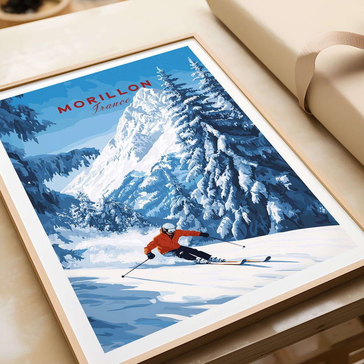 Morillon Ski Wall Art featuring a skier in vibrant colors against a snowy mountain backdrop, capturing the thrill of skiing in France.