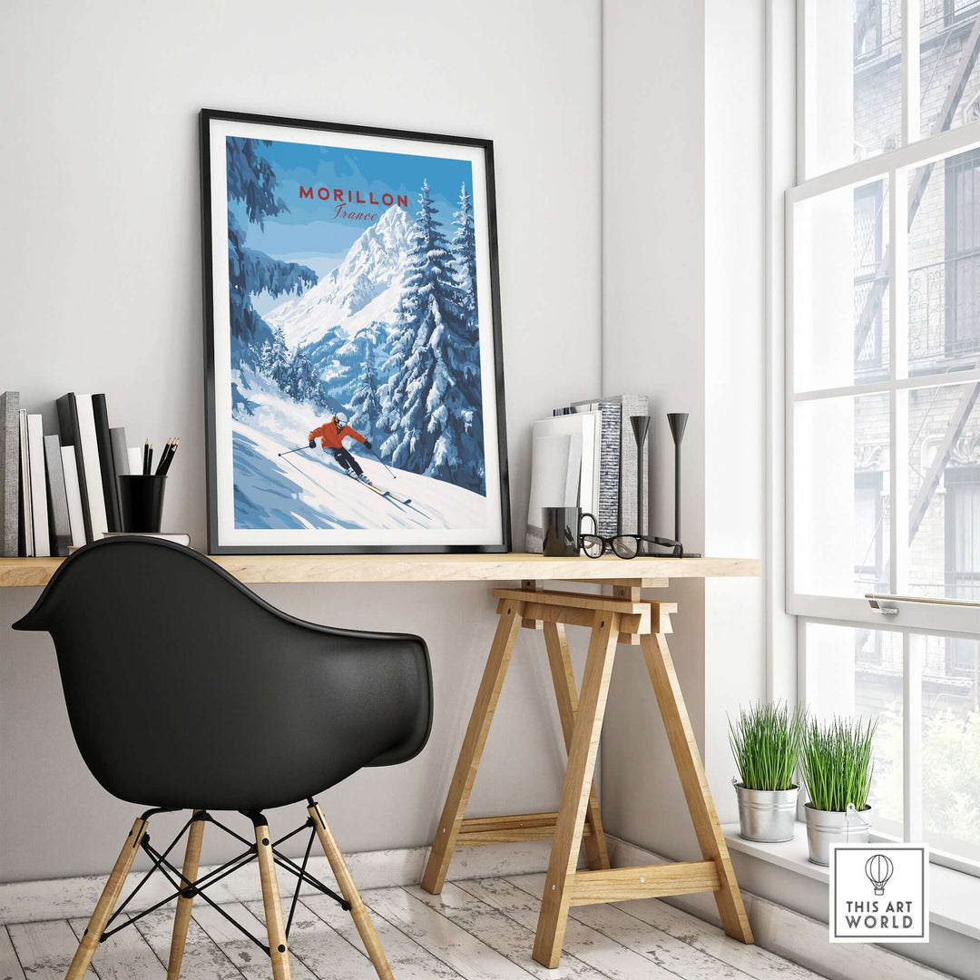 Morillon Ski Wall Art displayed in a modern room, highlighting vibrant ski scene and elegant home decor.