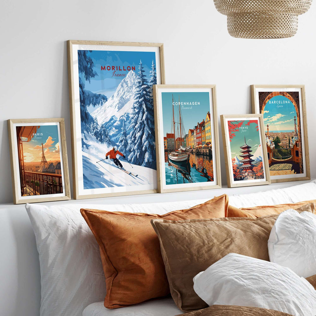 Morillon Ski Wall Art displayed among travel posters, showcasing vibrant colors and Alpine skiing scene.